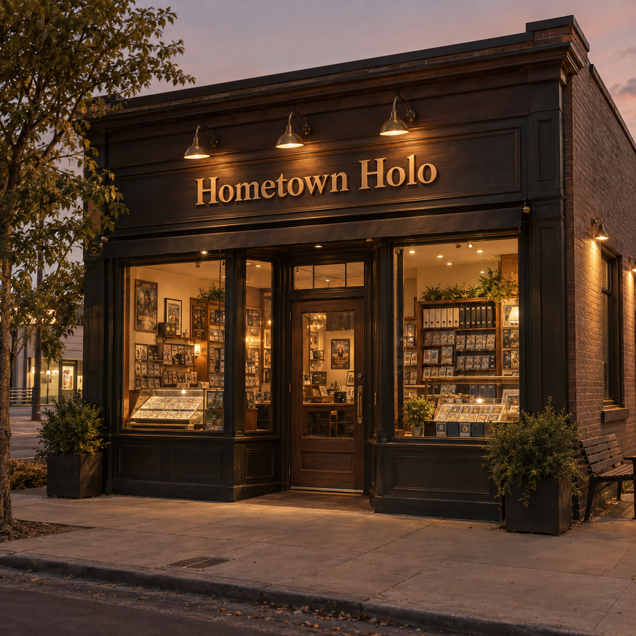 Concept of a neighborhood Hometown Holo card shop at dusk, with walnut framing, brass signage and warmly lit card displays
